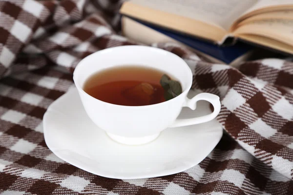 Cup of tea with ginger on plaid with a book — Stock Photo, Image
