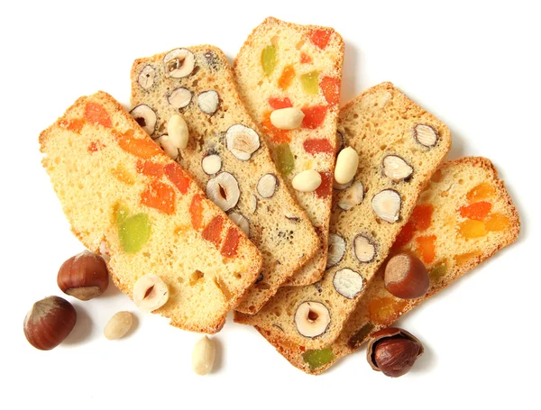 Biscotti aux noix et fruits confits, isolé sur blanc — Photo