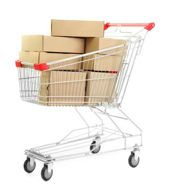 alışveriş sepeti ile üzerine beyaz izole karton