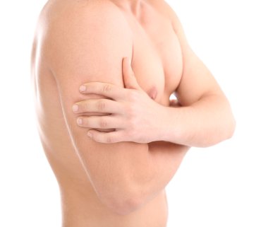 el ağrı, üzerinde beyaz izole genç adamla