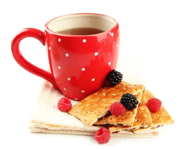 Cup of tea with cookies and berries isolated on white — Stock Photo, Image