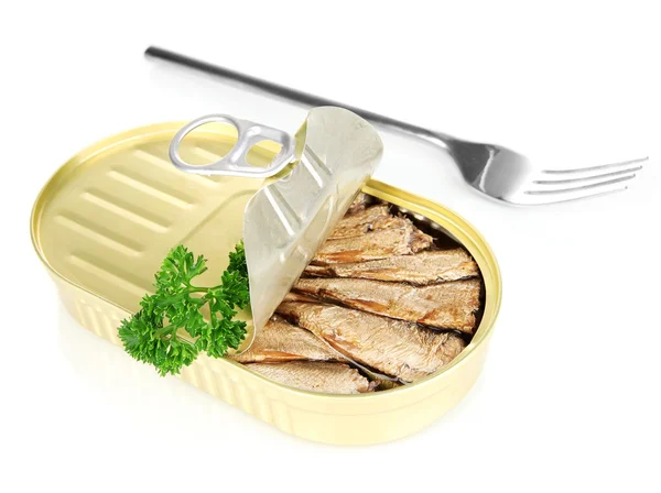 Tanica aperta con sardine, isolata su bianco — Foto Stock