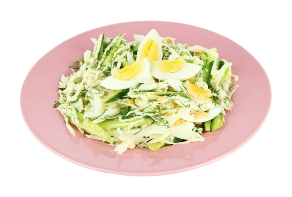 Delicious salad with eggs, cabbage and cucumbers, isolated on white — Stock Photo, Image