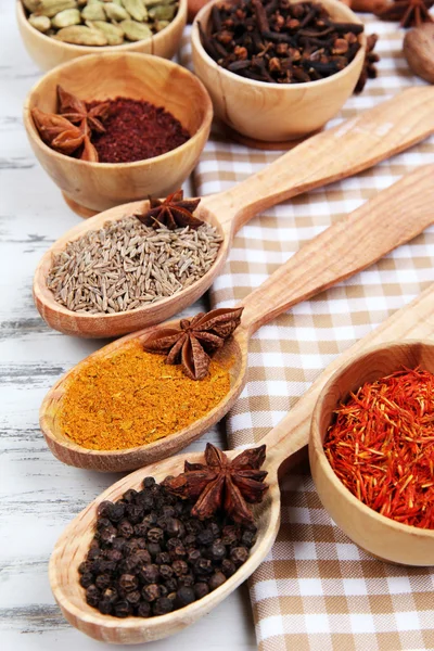 Various spices and herbs on table close up — Stock Photo, Image
