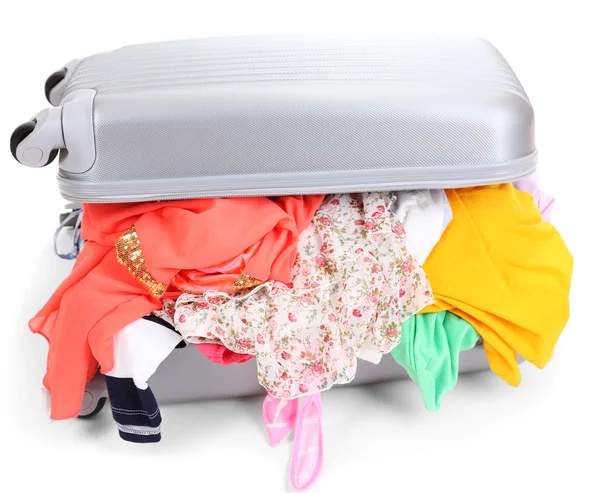 Suitcase with no neatly folded things isolated on white — Stock Photo, Image