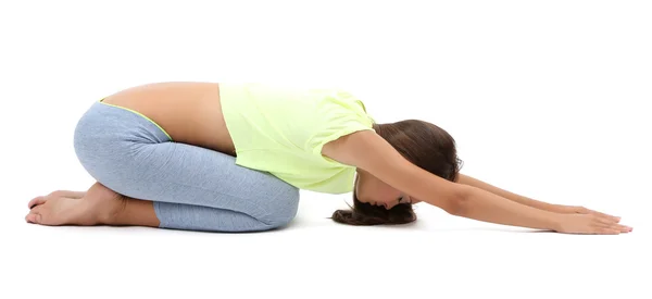 Young beautiful fitness girl doing yoga exercise isolated on white — Stock Photo, Image