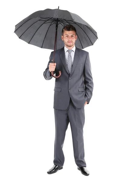 Affärsman med paraply, isolerad på vit — Stockfoto