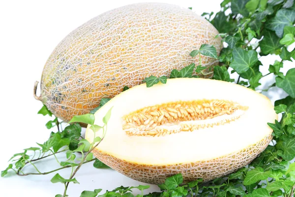 Ripe melons in leaves isolated on white — Stock Photo, Image