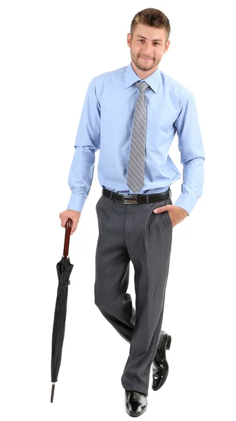 Homme d'affaires avec parapluie, isolé sur blanc — Photo