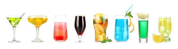 Lot of different cocktails and drinks isolated on white — Stock Photo, Image