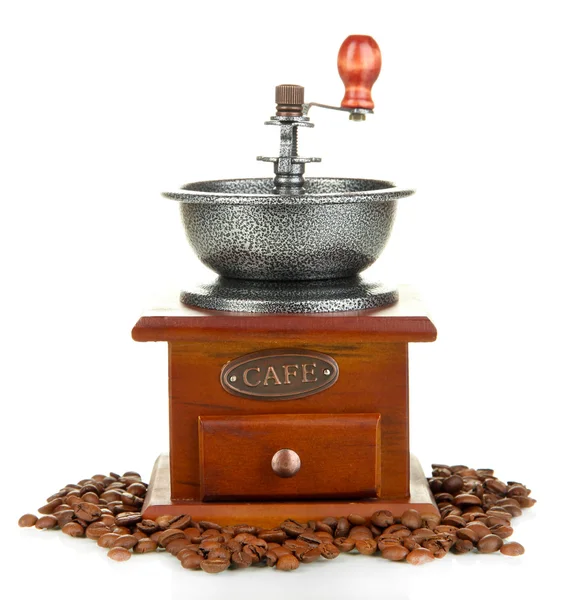 Mlýnek na kávu s kávová zrna izolované na bílém — Stock fotografie