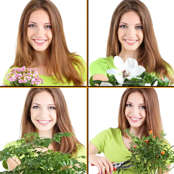 Collage of beautiful girl with various flowers — Stock Photo, Image