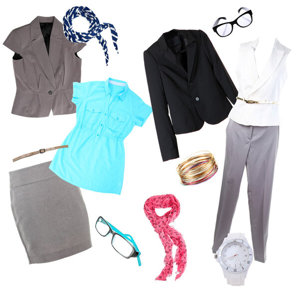 Коллаж современной одежды и аксессуаров изолирован на белом
