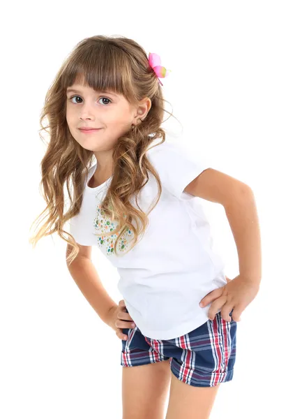 Mały dziewczyna pozuje na białym tle na biały — Zdjęcie stockowe