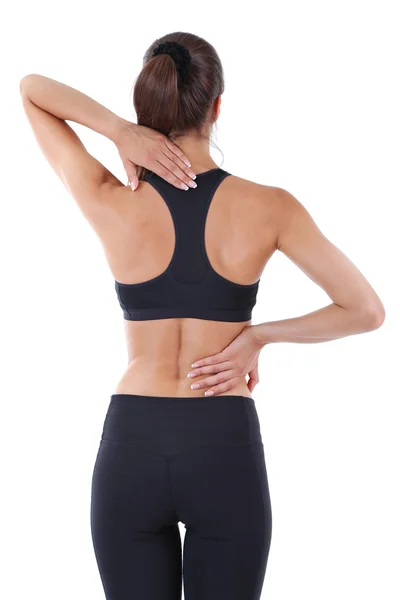 Rückenschmerzen bei jungen Mädchen isoliert auf weiß — Stockfoto