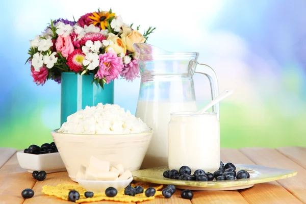Čerstvé mléčné výrobky s borůvkovým na dřevěný stůl na přírodní pozadí — Stock fotografie