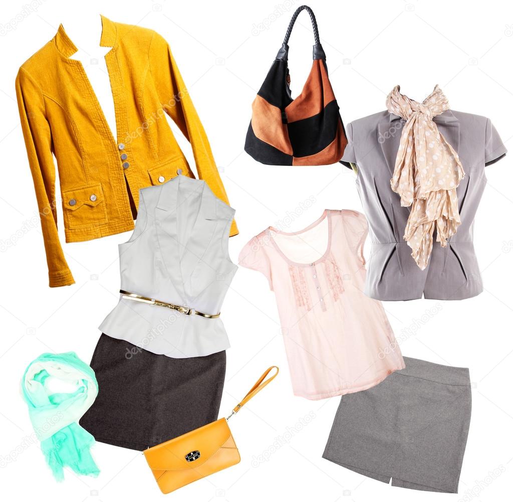 Collage of modern clothes and accessories isolated on white