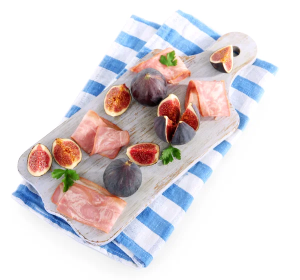 Tasty figs with ham, isolated on white — Stock Photo, Image