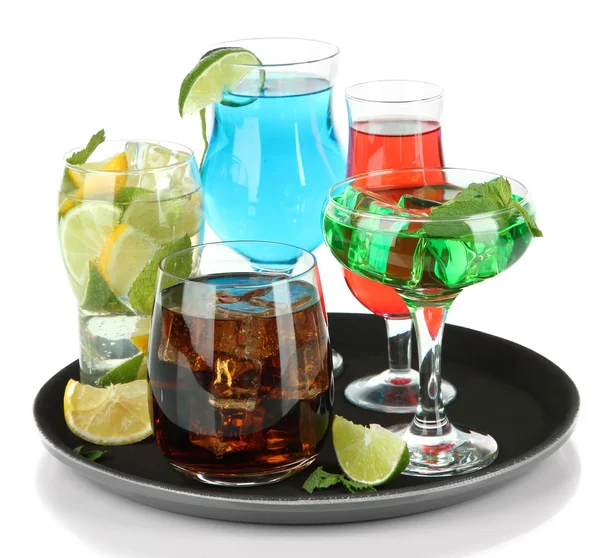 Many glasses of cocktails on tray, isolated on white — Stock Photo, Image