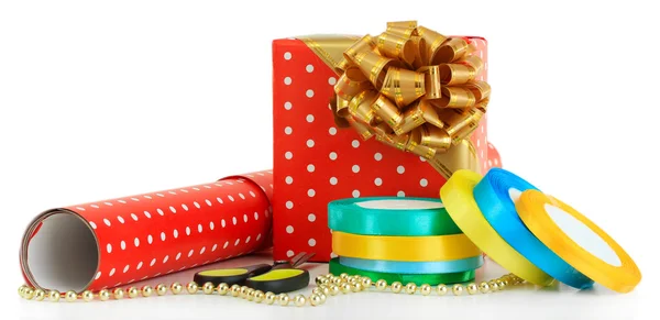 Materials and accessories for wrapping gifts isolated on white — Stock Photo, Image