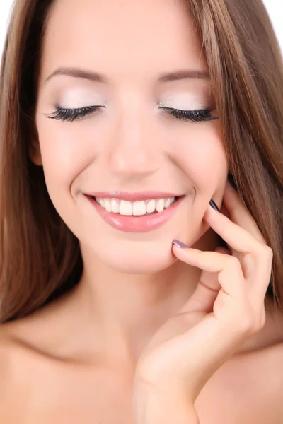 Beautiful girl with gentle makeup and glowing skin close-up isolated on white — Stock Photo, Image