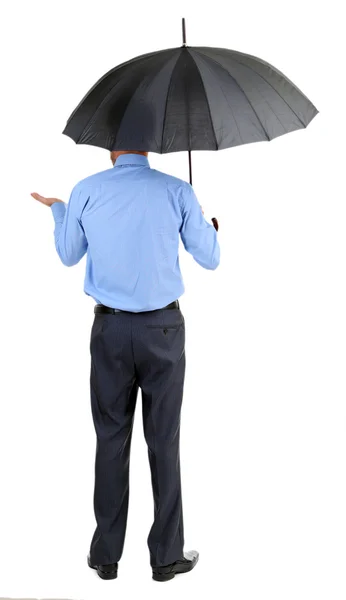 Empresario con paraguas, aislado en blanco — Foto de Stock