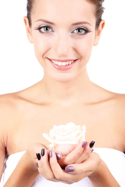 Krásná žena, růže detail izolovaných na bílém — Stock fotografie
