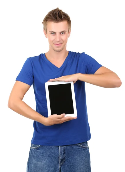 Un joven guapo con una tableta aislada en blanco —  Fotos de Stock