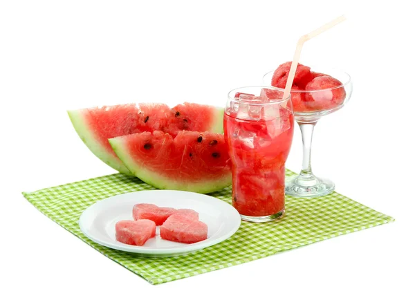 Fresh watermelon and glass of watermelon juice isolated on white — Stock Photo, Image