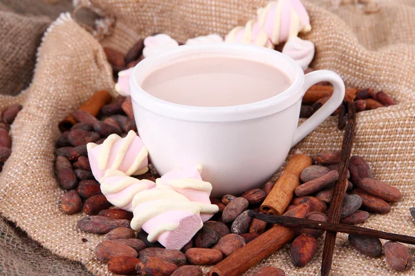 Cocoa drink and cocoa beans on sackcloth background — Stock Photo, Image