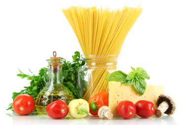 Pasta spaghetti with vegetables isolated on white