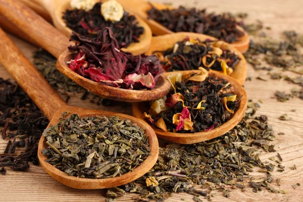 Assortment of dry tea in spoons, on wooden background