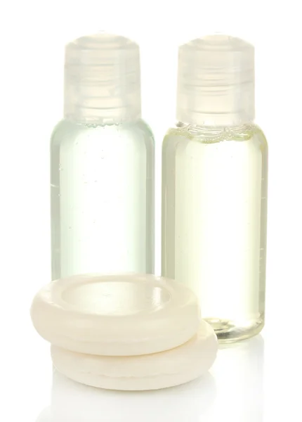 Hotel cosmetic bottles with soap isolated on white — Stockfoto