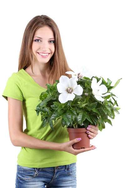 Bella ragazza con fiore in vaso isolato su bianco — Foto Stock