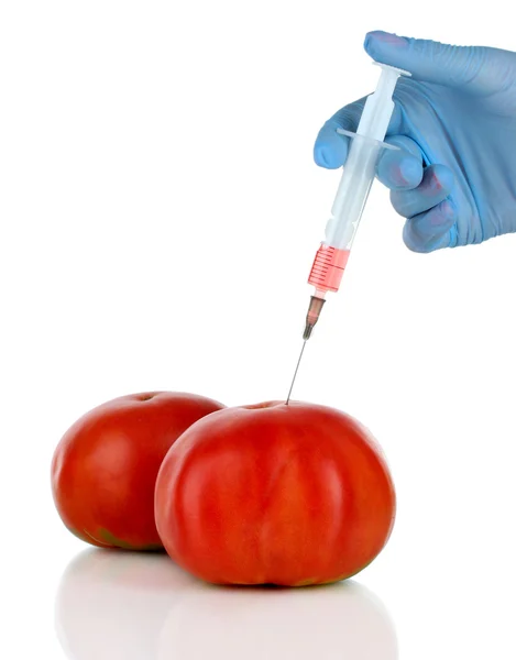 Injekce do čerstvé červené rajče izolovaných na bílém — Stock fotografie