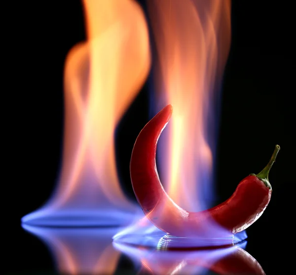 Red hot chili pepper on fire, isolated on black — Stock Photo, Image