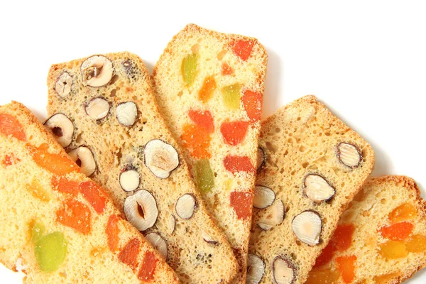 Biscotti with nuts and candied fruits, isolated on white — Stock Photo, Image