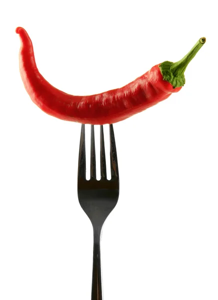 Czerwona papryczka chili na widelec, na białym tle — Zdjęcie stockowe