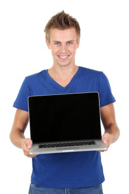 yakışıklı bir delikanlı ile üzerine beyaz izole laptop