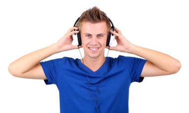 yakışıklı genç adam beyaz izole müzik dinlemek