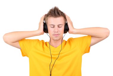 yakışıklı genç adam beyaz izole müzik dinlemek