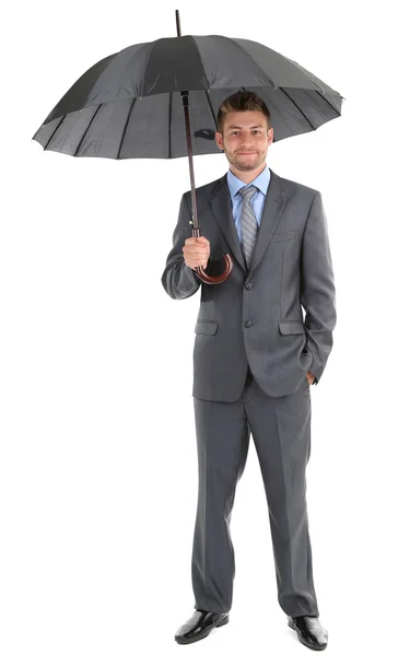 Businessman with umbrella, isolated on white — Stock Photo, Image