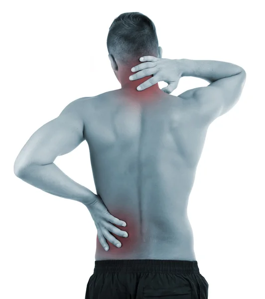 Young man with back pain, isolated on white — Stock Photo, Image