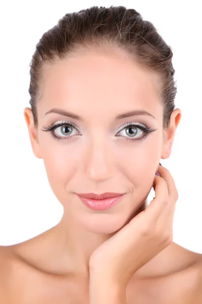 Beautiful girl with glowing skin close-up isolated on white — Stock Photo, Image