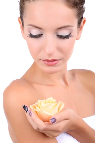 Hermosa chica con rosa primer plano aislado en blanco — Foto de Stock