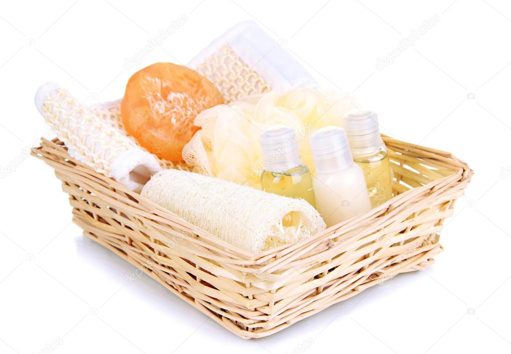 Set for spa in wicker basket, isolated on white