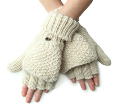 Hands in wool fingerless gloves, isolated on white clipart