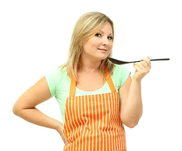 Woman with spoon isolated on white — Stock Photo, Image