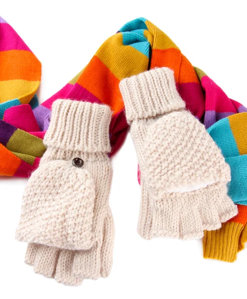 Wool fingerless gloves and multicolor scarf, isolated on white — Stock Photo, Image