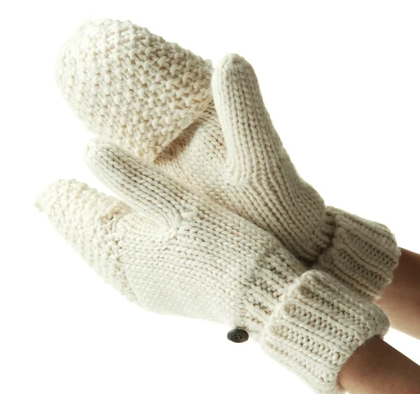 Ruce v vlněné palčáky, izolované na bílém — Stock fotografie